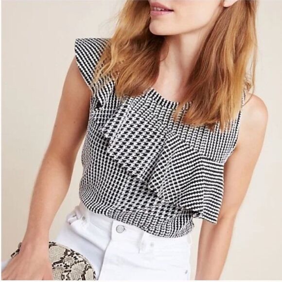 Dolan Anthropologie Callan Houndstooth Textured Ruffle Top - Picture 2 of 6